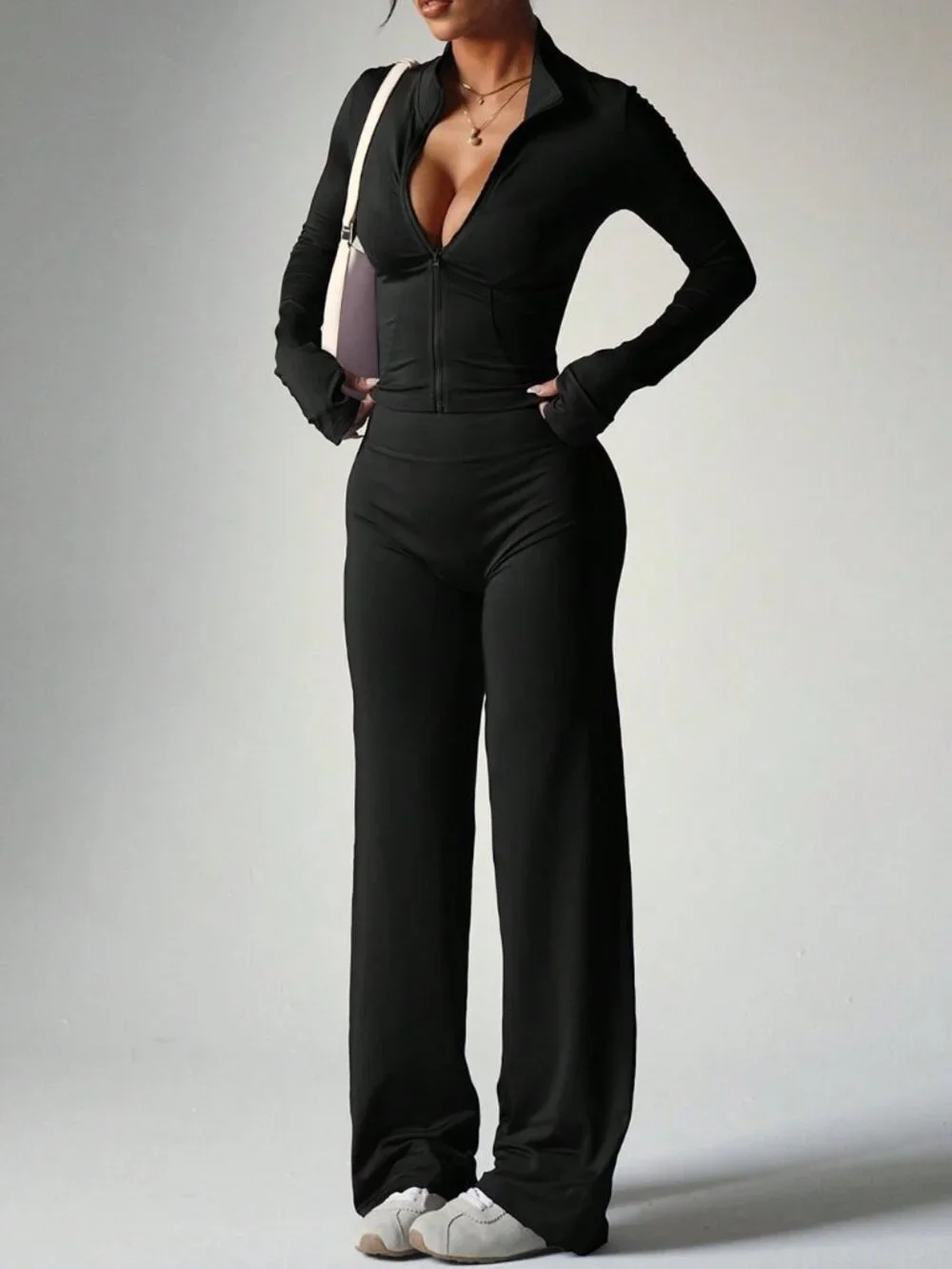Black Casual Women's Long Sleeve Top + Loose Wide Leg Pants Yoga Outfit Sports